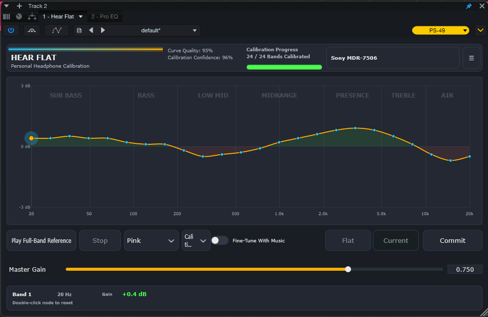 Hear Flat plugin main interface showing a 24-band calibration curve