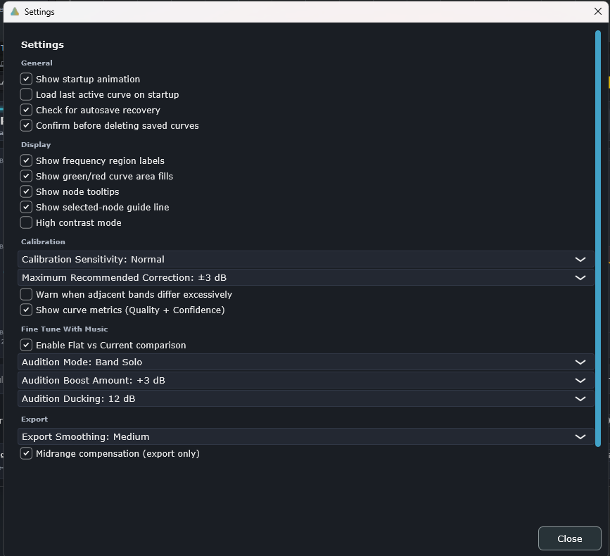 Hear Flat settings dialog with calibration, display, fine tune, and export controls